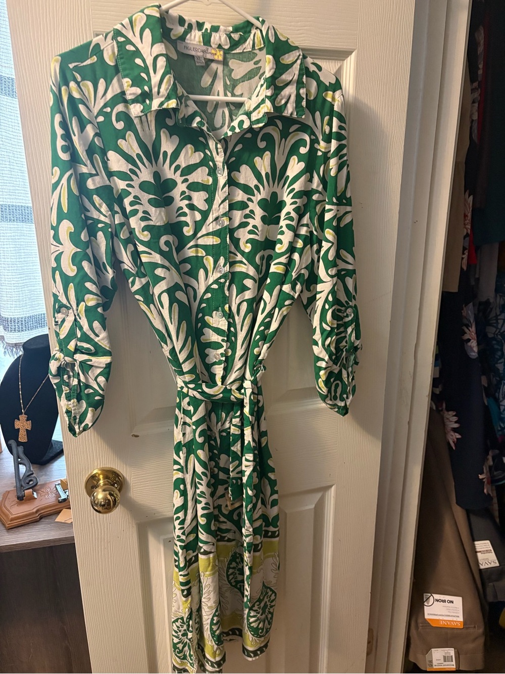FIGUE Green & White Botanical Print shirt dress.